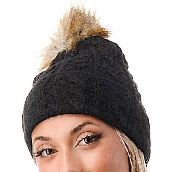 Marcus Adler NY Faux Fur Pom Pom Luxe Cable Knit Beanie Hat NWT $48 Black Gold - Picture 2 of 5